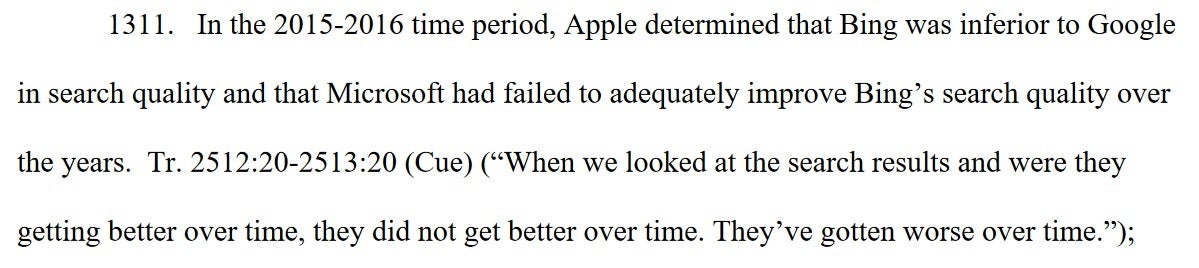 Excerpt from court filing showing Apple's feelings about Bing - Wrong response about former rock star pitted Apple against buying Bing