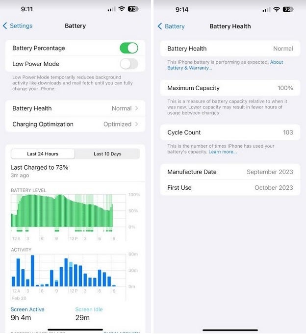 New look for the Battery section of the Settings app on iPhone 15 series models running iOS 17.4 – iPhone 15 users can check their battery health at a glance after updating to iOS 17.4