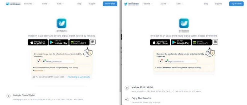 A Real Crypto Wallet Website on the Left, a Fake Created by Hackers on the Right – Fake Apps and Websites Take Over $4.3 Million From iPhone and Android Users.