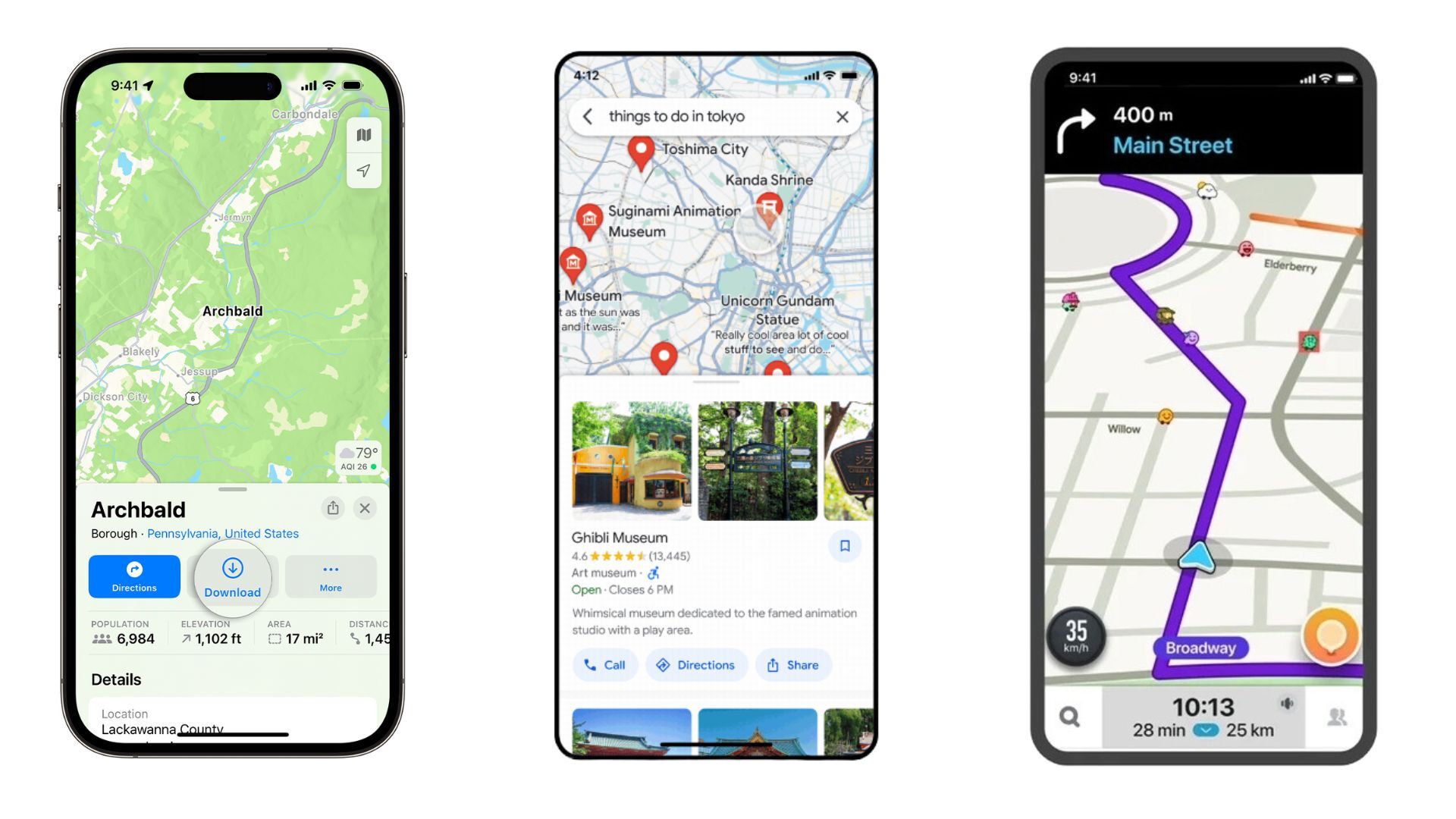 Apple Maps à gauche, Google Maps au centre, Waze à droite - Google Maps, Apple Maps ou Waze : quelle application de navigation domine vraiment la route ?