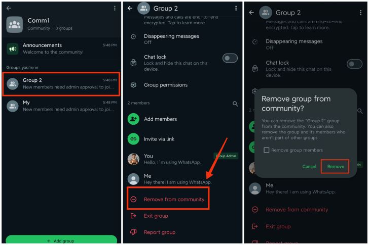 Delete a group in WhatsApp community (admin only)