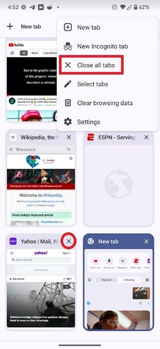 Open tabs page where tabs can be closed individually by pressing the X or the entire page can be deleted - Google is testing the feature that automatically cleans unused open tabs on Chrome browser