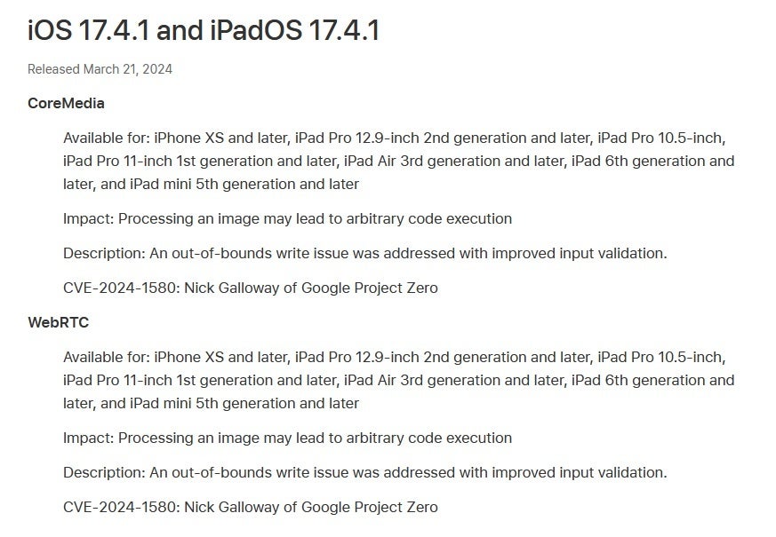 Apple updates its Security Releases support page to reveal flaws fixed by iOS 17.4.1 and iPadOS 17.4.1 - Apple finally reveals the serious security issues it fixed in iOS 17.4.1