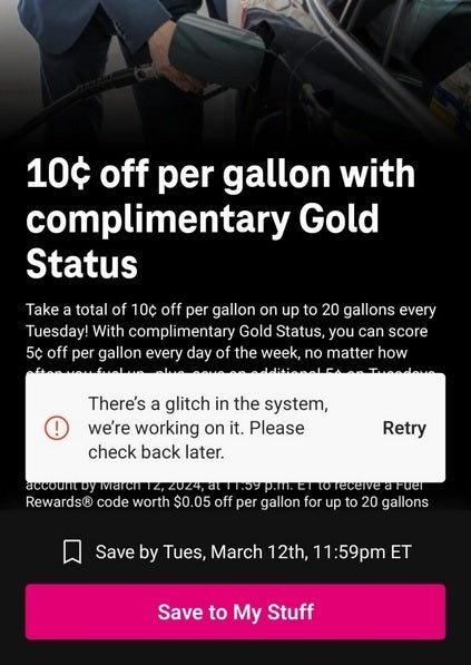 Glitch is stopping T-Mobile customers from getting their 10 cents a gallon gas discount - Glitch is stopping T-Mobile subscribers from getting any of their T-Mobile Tuesdays rewards