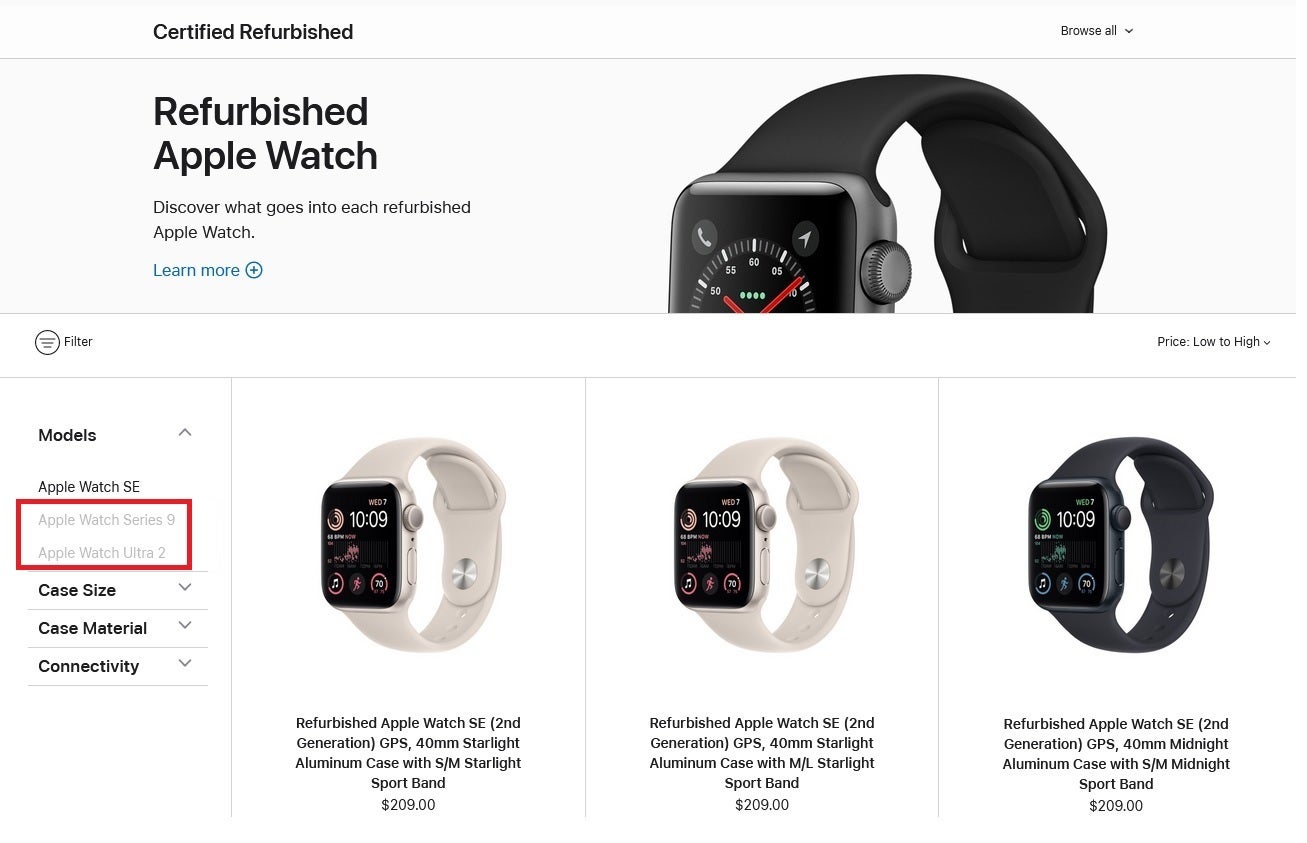 The grayed-out names of the Apple Watch Series 9 and Ultra 2 indicate that refurbished versions of these models will be coming to the United States - Refurbished Apple Watch Series 9 and Apple Watch Ultra 2 models will soon be sold in the United States