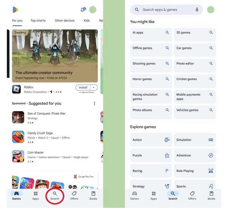 New Search tab for the Google Play Store and new search page - Image credit 9to5Google - Searching in the Google Play Store now requires additional support